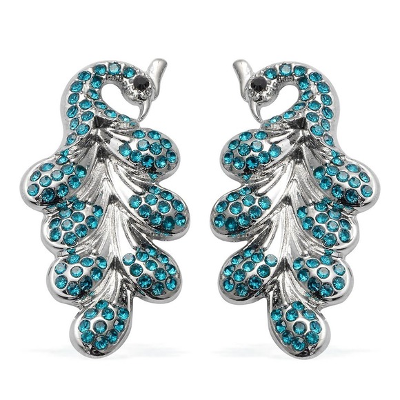 Peacock Earrings Austrian Crystal Blue and Black Silver Rhinestone Sparkle - Picture 1 of 5